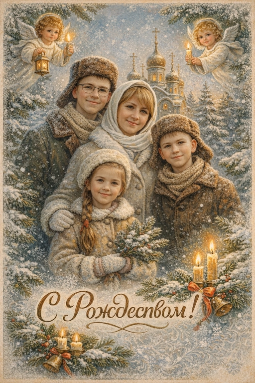 Создай винтажную рождественскую открытку со всеми людьми или одним человеком из предоставленных фотографий. Стиль - советские сказочные открытки 1950-1970-х годов, мягкая живописная иллюстрация, ощущение тепла и уюта. Композиция и формат: • Персонажи остаются в центре композиции • Фон - православная церковь, зимняя сказочная атмосфера Лица: • Лица сохранить максимально похожими на оригинальную фотографию (one-to-one likeness) • Без изменения черт лица, возраста и эмоций • Реалистичное сходство, аккуратная художественная стилизация без искажений. Одежда и образы: • Заменить современную одежду на старинную зимнюю советскую одежду. Если человек- женского пола , то добавь белый платок на голову. ⁠ Декор и детали:  • Хвойные ветки • ангелочки в сказочном стиле, церковные свечки • Лёгкий снег, морозные узоры Цвет и атмосфера: • Светлая, зимняя, мягкая цветовая палитра • Пастельные оттенки, эффект старой бумаги, легкое зерно • Сказочное, теплое новогоднее настроение  • Шрифт - изящный, рукописный, сказочный, в стиле советских открыток. Надпись: «С Рождеством!»