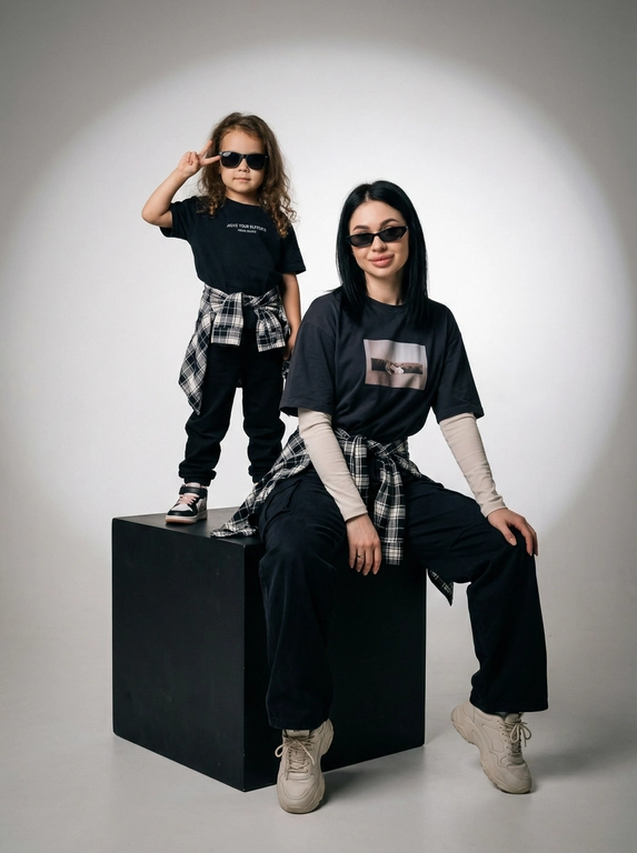 Photorealistic studio portrait photography in minimalistic fashion/editorial aesthetics, static camera at chest level of a seated person, light frontal angle without noticeable perspective deformation; composition with two characters: an model sits on a large matte black cube, body slightly turned towards the camera, knees bent, feet on the floor, the arms are lowered and relaxed in front of the knees, the fingers are neatly extended; the child stands on the same cube behind and to the left, at full height, one hand raised with a "V" gesture, the other lowered, pose confident and playful; both wearing narrow dark sunglasses, gaze directed at the camera; shooting plan — full height for both with a small supply of air above and below, center the center of the frame is shifted to the right to a sitting figure, a standing child balances on the left; the lens is normal/short portrait 50-70 mm, without width; aperture is approximately f/5.6–f/8, moderate depth of field, both characters are sharp, the background is slightly soft; the studio lighting is soft, with one key source on the front left at a level just above the head (softbox), giving smooth transitions and a pronounced but soft shadow against the background on the right; light filling light from the front reduces contrast, shadows are readable; the background is a smooth, light, seamless cyclorama/wall with a noticeable large oval light spot (gradient) in the center, there is a darker vignetting around, a clean minimalistic studio without props; the mood is calm, stylish, slightly retro, with an emphasis on street fashion and family vibe; the expression on the face of the seated model is a soft smile, relaxation; the person standing has a confident neutral facial expression; clothes: the seated model has a dark oversized T-shirt with a large rectangular print on the chest, under it a light longsleeve with long sleeves, wide dark cargo trousers/joggers with pleats at the knees and bottom, a plaid shirt/flannel tied at the waist with a knot, massive light sneakers with a pronounced sole and mesh texture; the child has a dark T-shirt with a large inscription on the chest, dark trousers, a plaid shirt tied at the waist, sneakers in two colors; fabrics with a realistic cotton and flannel texture, noticeable fine folds, natural creases on the knees and in the waist area, matte surfaces without gloss; micro-details: natural skin texture without plastic, neat glare on the lenses of glasses, a clear contour of the shadow from the raised hand on the background, clean floor and soft drop shadow from the cube; high detail, natural sharpness, light grain like a film shot, moderate contrast, soft matte/film look, no HDR, no overexposure and no unnecessary objects.

Какого цвета будут рубашки на поясе?: Чёрно-белый.
