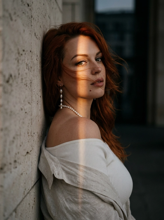 Luxury editorial portrait, кадр по плечи. Женщина стоит вплотную к светлой каменной стене.
Стена находится строго за её спиной и слева в кадре. К стене прижаты верхняя часть спины и левое плечо. Женщина стоит к камере боком, корпус развернут вправо в 3/4, грудь направлена от стены в сторону камеры. Голова резко повернута назад к камере и слегка наклонена вниз. Взгляд в камеру, губы слегка приоткрыты, выражение спокойное, уверенное. На ней молочный плотный топ в рубчик с открытыми плечами, сверху светлая льняная рубашка спущена с плеч. жемчужная нить на шее, длинная серьга с жемчугом. Волосы: несколько прядей слегка раздувает вечерний ветер, перекрывают лицо.
Тёмный закатный golden hour: узкая вертикальная полоса тёплого света освещает один глаз, часть лба, нос, шею и плечо, остальное в тени. Тёмный архитектурный фон мягкий.