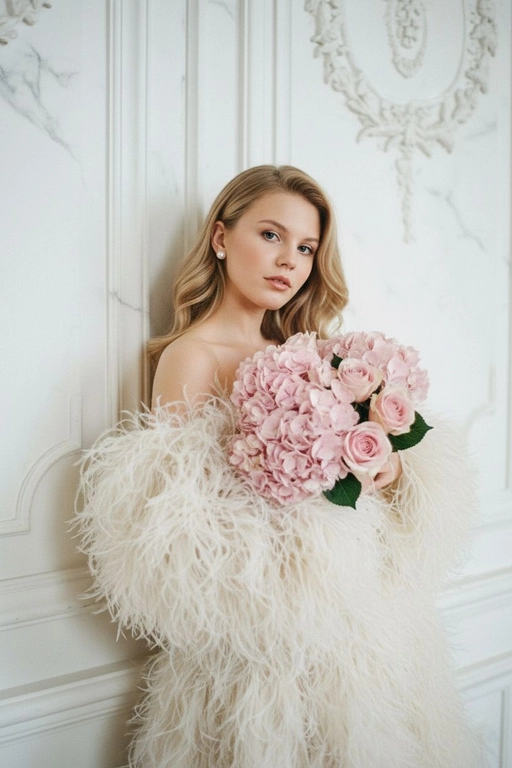 Создай крупный плечевой портрет, не меняя черты лица.Детальный крупный портрет элегантной женщины в эффектном, роскошном, модном платье. Женщина с волнистыми волосами. Одежда представляет собой объемное творение кутюр, полностью сделанное из больших, текстурированных, кремово-белых перьев, уложенного с открытыми плечами, чтобы обнажить декольте  Женщина стоит в динамичной, чувственной позе, прислонившись к белой классическому архитектурной стене. На ней серьги-гвоздики жемчужные . На заднем плане представлен грандиозный, классический интерьер/экстерьер - ярко-белая мраморная или лепная стена. Редакционное освещение, мягкое и рассеянное, подчеркивающее текстуру перьев и кожи.в руках букет. Высокое разрешение, сверхдетализация, модная фотография Букет из пудрово-розовых гортензий и роз