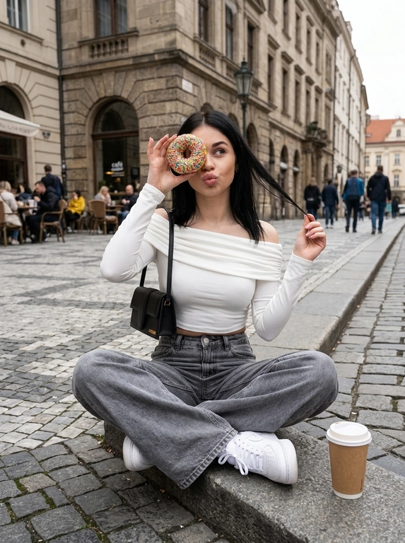 Фотография в уличном стиле, передающая непринужденную и игривую атмосферу. Действие происходит в городской среде, вероятно, в европейском городе, судя по архитектуре зданий на заднем плане. Брусчатка добавляет снимку текстуры и европейского шарма. Цветовая гамма приглушенная, преобладают синие, серые и коричневые оттенки, создающие спокойное настроение.
Модель сидит на бордюре тротуара, скрестив ноги. Она одета в образ с загруженной фотографии ( референс ). В одной руке она держит разноцветный пончик перед глазом, словно подглядывая в него, а другой рукой кокетливо играет с прядью волос. На бордюре рядом с ней стоит бумажный стакан c кофе. Ее поза расслаблена, но при этом выражает озорство и кокетство. Губы сложены в поцелуй.