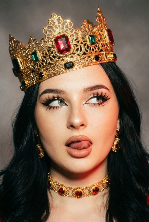 Создай фото -детальное описание художественного портрета девушки, выполненного в популярной современной эстетике, сочетающей элементы «е-qirl» и стиля «rebellious royalty» (бунтарская королевская особа).
:Центральный образ и внешность:
• Лицо и поза: Девушка позирует в дерзкой и провокационной манере.
Её глаза закатаны (или направлены сильно в сторону и вверх), а кончик языка слегка высунут. Это создает образ, сочетающий в себе игривость, бунт и некоторую отрешенность.
Элегантный макияж глаза с длинными острыми черными стрелками, длинные густые ресницы эффект лучики, нижние ресницы накрашены, хайлайтер во внутренних уголках и скулах.
Пухлые полностью прокрашенные телесной матовые губы слегка приоткрыты легкий блеск и светло-коричневый карандаш по краям. персиково-розового оттенка.
Не меняй мою прическу. 
Корона: На голове массивная высокая корона в винтажном стиле. Она украшена сложным филигранным узором и крупными драгоценными камнями: по центру расположен большой квадратный красный камень (рубин), по бокам - камни зеленого (изумруд) и черного цветов. Корона сидит немного небрежно, подчеркивая неформальность образа.
Ожерелья:
На шее надет чокер, выполненный в одном стиле с короной - цепочка с круглыми красными камнями в оправе. В ушах серьги по такому же типо как корона •
Фон: Нейтральный, дымчато-серый или слегка туманный. Он лишен деталей, что позволяет полностью сфокусировать внимание на ярких аксессуарах и лице модели.
Освещение и обработка: Свет мягкий, рассеянный. Фотография имеет характерную обработку с эффектом «зернистости» (пленочное зерно), что придает ей винтажный и художественный вид.
Цветовая гамма теплая, с акцентом на золото и красный цвет.
Общее впечатление:
Снимок транслирует идею современной интерпретации власти и красоты. Это противопоставление классического символа величия (короны) и современного неформального поведения.
Образ выглядит стильно и кинематографично и запоминающе, сильная вспышка. Корона цвета золота.