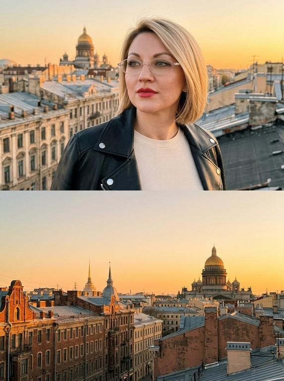 Реалистичный вертикальный диптих: один общий вертикальный коллаж, состоящий строго из двух горизонтальных кадров, расположенных один над другим, без рамки, без обводки, без границы между кадрами, без декоративных borders. Кадры соединены естественно и чисто, как единая вертикальная композиция. Снято как случайное lifestyle-фото на iPhone. Модель стоит на крыше в Санкт-Петербурге во время тёплого майского золотого заката. Модель выглядит естественно и расслабленно, без постановочного ощущения, будто это случайный кадр из сторис или Reels. На фоне видна узнаваемая атмосфера центра Петербурга: старые крыши, исторические фасады, классическая архитектура и купол старинного здания на дальнем плане, мягко подсвеченный закатным светом. Оранжево-золотое небо без облаков, тёплые отражения на фасадах, спокойная атмосфера красивого питерского вечера. Модель одета в чёрную кожаную куртку поверх светлого лонгслива, на ней прозрачные тонкие овальные очки в минималистичной оправе. Макияж естественный, дорогой и аккуратный: мягкие стрелки, длинные ресницы, живая текстура кожи без пластиковой ретуши. Взгляд расслабленный и задумчивый, направлен немного в сторону. Верхний кадр: модель снята крупнее на фоне закатного неба и городской архитектуры. Нижний кадр: красивый вид на архитектуру Петербурга с тёплым солнечным светом на фасадах без человека. Фото выглядит как кадр из Pinterest или Reels, с ощущением свободы, тишины и красивого вечера. Кинематографичная rooftop-атмосфера, лёгкая плёночная зернистость, реалистичные тени, натуральное закатное свечение, тёплые насыщенные оттенки, уютная европейская городская эстетика, cinematic urban romance vibe, ultra realistic. Без современной высотной застройки, без фантазийной архитектуры, без студийной постановки, без идеальной симметрии, без пластиковой ретуши кожи, никаких третьих кадров, никаких дополнительных мини-фото, никаких белых или чёрных рамок, никаких декоративных обводок, никаких полароидных краёв, только два горизонтальных кадра один над другим без видимой рамки.