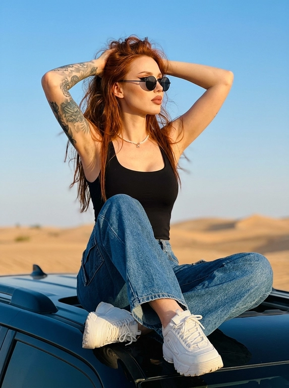 СЪЁМКА: высококонтрастное фото, естественная перспектива смартфона, акцент на лице, чёткий фокус на глазах, живое естественное фото, кадр выглядит как случайно пойманный момент ночной съёмки на телефон. Лёгкая глубина резкости: лицо в резком фокусе, фон мягко размывается. Естественные пропорции тела в движении.

СЦЕНА: модель сидит на крыше чёрного внедорожника, широко расставив ноги и согнув их в коленях. Руки закинуты за голову и погружены в волосы. Причёска выглядит намеренно небрежной и «взъерошенной». Модель обеими руками приподнимает волосы на макушке, открывая лицо и шею, что придаёт образу динамику и ощущение свободы. Отдельные пряди хаотично выбиваются, подчёркивая дикую, непринуждённую эстетику. Голова повернута в профиль.

ВНЕШНОСТЬ: выразительный макияж глаз и губ: длинные ресницы с эффектом лисьего взгляда, чёрные стрелки с хвостиком. Губы с мягким естественным контуром, покрыты матовой помадой, просматривается микрорельеф губ. Лёгкий естественный хайлайтер на скулах и переносице.

Одета в короткий чёрный топ на тонких бретелях. Ткань топа тонкая, облегающая, подчёркивающая фигуру. Объёмные широкие джинсы голубого цвета в стиле «карго» или оверсайз-джоггеры. Массивные белые кроссовки.

Круглые чёрные солнцезащитные очки в тонкой оправе, придающие лицу футуристичный и дерзкий вид. Короткое ожерелье из мелкого жемчуга или светлых бусин (чокер). Небольшие серьги-подвески.

Действие происходит на открытой местности. На заднем плане видны пологие пустынные холмы или песчаные дюны золотисто-коричневого оттенка. Большую часть кадра занимает абсолютно чистое, безоблачное небо насыщенного нежно-голубого цвета. В нижней части кадра видна матовая чёрная поверхность крыши автомобиля.

Снимок сделан с нижнего ракурса (камера направлена снизу вверх). Это визуально удлиняет фигуру, делает позу более величественной и доминирующей, а также позволяет полностью очистить задний план от лишних деталей, оставив только модель, холмы и небо.

Мягкое естественное освещение, характерное для «золотого часа» перед закатом. Свет падает сбоку, мягко очерчивая контуры тела, подчёркивая рельеф пресса и создавая тёплые блики на коже. При этом небо остаётся ярким, а машина уходит в глубокую, плотную тень.

Атмосфера снимка пропитана духом приключений, свободы и современной «инста-эстетики». Это сочетание высокой моды (аксессуары, обувь) и дикой природы. Кадр выглядит как профессиональная съёмка для лукбука молодёжного бренда одежды. Общее настроение — уверенность и беззаботность.

Высокое качество, высокая текстурная детализация, разрешение 8К.