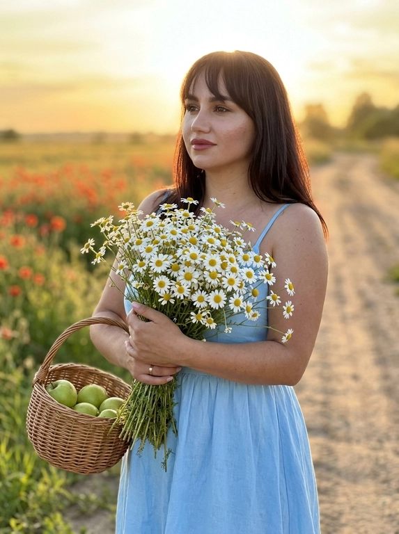 Ультрареалистичное лайфстайл-фото, снятое как на iPhone 17 Pro, загородная дорога уходящая в перспективу среди цветущих маковых полей на закате, тёплый золотой свет, мягкий контровый свет по контуру тела, естественное боке на заднем плане, лёгкая дымка в воздухе, женщина в кадре по бёдра, полуоборот 3/4 влево, корпус прямой, плечи расслаблены и опущены, правое бедро слегка отведено назад создавая естественную линию тела, подбородок немного приподнят, взгляд направлен в сторону солнца, спокойное мечтательное выражение, у груди большой живой букет ромашек, правая рука мягко обнимает букет, левая держит стебли снизу, в другой руке плетёная корзинка с зелёными яблоками, лёгкое короткое платье на тонких бретелях с воздушной юбкой слегка движущейся от ветра, натуральный макияж с мягкими бежевыми тенями, тонкой чёрной стрелкой, длинными густыми ресницами и винным тинтом на губах, живая текстура кожи, естественный закатный свет с тёплыми бликами и мягкими тенями без жёстких провалов, натуральные цвета с лёгкой тёплой тональностью, минимальная обработка без ретуши кожи, максимальный реализм, лёгкая глубина резкости, фокус на лице и букете, фон мягко размывается


Цвет платья: Голубое