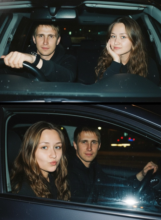 Используй предоставленные изображения и создай коллаж из двух фото, одно под другим. Первое фото сверху: Ночное фото в салоне автомобиля: мужчина за рулем смотрит вперед, его рука с часами на руке. Женщина на пассажирском сиденье, слушает его подперев щеку рукой. Съемка в стиле папарацци с эффектом зернистой пленки, атмосфера интимная. Второе фото: Девушка и парень смотрят в камеру Ночное фото папарацци крупным планом: мужчина за рулём и женщина на пассажирском сиденье смотрят в камеру. Женщина с ухмылкой и губами бантиком, мужчина слегка улыбается, положив руку на руль. Съёмка через пассажирское окно, сочетание ночного света и вспышки, эффект зернистой плёнки.