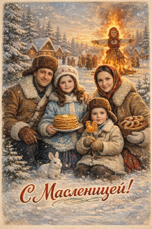  Создай винтажную открытку из предоставленных фотографий. Не меняй внешность, возраст, черты лица и индивидуальные особенности.
Стиль — советские сказочные открытки 1950–1970-х годов: мягкая живописная иллюстрация, тёплая палитра, ощущение уюта, лёгкая художественная детализация, деликатное зерно.
Композиция и формат:
Одежда: в традиционной славянской зимней одежде (шапки, полушубки, платки, варежки).
В руках могут быть традиционные угощения (сахарный петушок на палочке, крендель, стопка блинов на тарелке).
На заднем фоне — большая горящая Масленица (чучело на костре).
Зима, золотой час, мягкий тёплый свет.
Качество 8K.
Надпись: «С Масленицей!»
Шрифт — изящный, рукописный, сказочный, в стиле советских открыток.