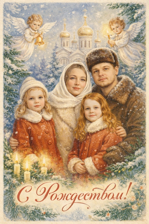 Создай винтажную рождественскую открытку со всеми людьми или одним человеком из предоставленных фотографий. Стиль - советские сказочные открытки 1950-1970-х годов, мягкая живописная иллюстрация, ощущение тепла и уюта. Композиция и формат: • Персонажи остаются в центре композиции • Фон - православная церковь, зимняя сказочная атмосфера Лица: • Лица сохранить максимально похожими на оригинальную фотографию (one-to-one likeness) • Без изменения черт лица, возраста и эмоций • Реалистичное сходство, аккуратная художественная стилизация без искажений. Одежда и образы: • Заменить современную одежду на старинную зимнюю советскую одежду. Если человек- женского пола , то добавь белый платок на голову. ⁠ Декор и детали:  • Хвойные ветки • ангелочки в сказочном стиле, церковные свечки • Лёгкий снег, морозные узоры Цвет и атмосфера: • Светлая, зимняя, мягкая цветовая палитра • Пастельные оттенки, эффект старой бумаги, легкое зерно • Сказочное, теплое новогоднее настроение  • Шрифт - изящный, рукописный, сказочный, в стиле советских открыток. Надпись: «С Рождеством!»