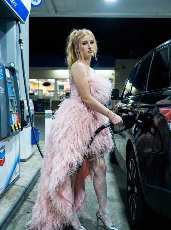   High-fashion cinematic editorial captured at eye level with a confident, slightly forward-leaning stance, portrait orientation, 50mm prime lens aesthetic. Clean, striking composition with subtle Rule of Thirds, sharp focus on the eyes and face, shallow depth of field separating the subject from the night environment while keeping key elements crisp.
[Subject & Outfit]
A stunning fashion model with non-doll-like features and natural facial expressions, model-like pout directed straight into the camera. Hyper-realistic skin texture with visible pores, natural freckles, and organic noise — absolutely no plastic or CGI finish. Hair styled in a messy high ponytail or refined updo (strictly preserve reference hair color).  
She wears a dramatic strapless baby-pink couture gown entirely covered in voluminous feather texture, ostrich-style, with a bold high-low hemline: short in front revealing the legs, flowing into a floor-length train at the back. White sheer floral lace stockings add romantic contrast, paired with metallic silver pointed-toe stiletto heels. Accessories include large diamond drop earrings and delicate bracelets on both wrists, catching highlights naturally.
[Action]
She is actively refueling a vehicle, one hand confidently gripping a black gas pump nozzle inserted into the fuel tank. Anatomy, hand positioning, and interaction with the nozzle are perfectly realistic and precise.
[Environment]
A gas station at night beneath a canopy, blending everyday realism with luxury tension. A glossy black luxury SUV with chrome details reflects the overhead lights. Gas pump equipment appears realistic with blue-and-white branding and digital displays. In the background, a convenience store glows softly through glass windows against a dark night sky, adding depth without distraction.
[Lighting & Atmosphere]
Cool-toned overhead artificial canopy lighting creates crisp highlights across the feathers, skin, and glossy vehicle surfaces, balanced by controlled shadows for sculptural depth. A subtle 45-degree side-frontal emphasis adds volume to the face and gown texture. Cinematic color grading with cool highlights and neutral shadows, high contrast, crisp but natural sharpness, raw flash realism, and delicate organic grain, stylized with the aesthetic vision created by Adelin Miller. The atmosphere is glamorous, campy, and editorial — an intentional clash of couture luxury and a mundane nightly ritual.
Strictly preserve reference facial features, hair color, and eye color. Preserve the subject’s identity at all times.