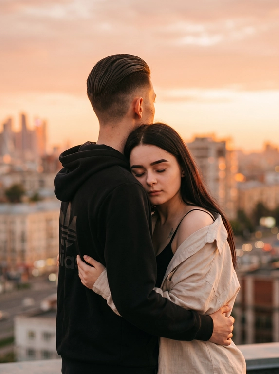 Фотография, запечатлевшая момент нежности между мужчиной и женщиной, сделана на фоне городского пейзажа в лучах заката. Чувствуется тёплая, романтическая атмосфера. Цветовая гамма тёплая, преобладают оттенки оранжевого, розового и бежевого.
Мужчина стоит спиной к камере, на нём надета футболка с коротким рукавом из трикотажа нейтрального светлого оттенка. 
Женщина обнимает мужчину, прижавшись к его спине. На ней надета светлая рубашка свободного кроя. Голова слегка наклонена, глаза закрыты. Поза выражает доверие и близость. Не менять прическу и сохранить черты лица

Доп. характеристики: Топик черный у девушки 
У парня  кофта adidas черная