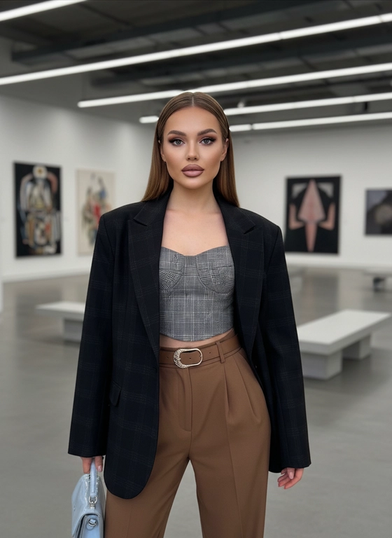 Не меняй черты лица. На портрете изображена женщина, излучающая атмосферу высокой моды в современном арт-галерее. Она одета в структурированный, объемный черный  пиджак серый  в клетку, который накинут поверх соответствующего укороченного корсета в клетку серый . В комплект входят высокие коричневые брюки с плессировкой. Образ дополняет пояс с крупной стильной пряжкой и стильная маленькая сумка. Каштановые длинные волосы. Драматическое освещение подчеркивает её выразительную позу и роскошные детали наряда. Фон представляет собой минималистичное архитектурное пространство, наполненное атмосферой sophistication и современного элегантного стиля. Ультрареалистичный 8K портрет. Identity lock: лицо на 100% идентично исходному референсу — полностью узнаваемо, без искажений и без изменения пропорций, черт и внешности; любые изменения лица запрещены. Волосы прямые и гладкие. Шикарный макияж, естественная укладка, реалистичная кожа, приоритет резкости на лице, без AI-артефактов. тональный и световой контраст, аккуратный контровой. дневной свет.