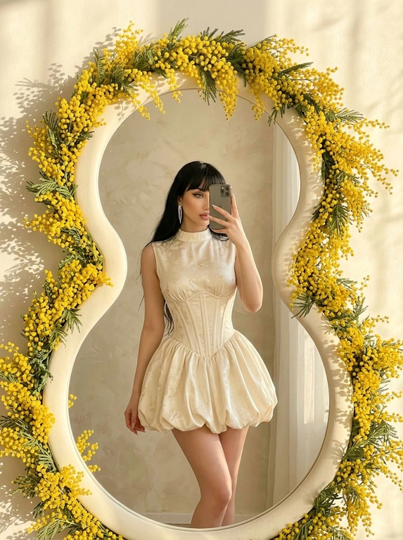 Зеркальное селфи в интерьере с мягким тёплым дневным светом. Большое зеркало в форме цифры 8 с плавными округлыми линиями занимает значительную часть кадра. Рама полностью обрамлена густыми ветвями жёлтой мимозы, пушистые цветы создают яркий солнечный контур вокруг отражения. Лёгкие тени от мимозы падают на светлую стену. Кадр в полный рост. Женщина стоит перед зеркалом в лёгком полуобороте, вес перенесён на одну ногу, силуэт вытянутый и уверенный. Телефон держится на уровне лица, частично закрывает одну сторону, но черты остаются читаемыми. Макияж — нюдовый и элегантный: ровный мягкий тон, лёгкое естественное сияние кожи, небольшие растушёванные коричневые стрелки, аккуратные ресницы. Губы с глянцевым прозрачным блеском. Маникюр аккуратный. Свет тёплый, золотистый, с мягким контрастом. Подчёркивает структуру корсета и объём юбки. Атмосфера весенняя, романтичная, но с акцентом на архитектуру силуэта. 

Какая будет одежда?: Наряд — молочно-кремовое мини-платье с корсетной архитектурой. Верх — высокое закрытое горло с плавным переходом в чётко сконструированный корсетный лиф. Выраженные вертикальные рельефы подчёркивают талию и формируют sculpted силуэт. Ткань плотная, с деликатным жаккардовым цветочным рисунком и лёгким сатиновым свечением. Низ — объёмная пышная юбка-баллон с мягкими складками, создающая контраст между узкой талией и округлой формой низа. Длина мини, подчёркивает линию ног. Силуэт couture inspired, структурированный, но элегантный.
