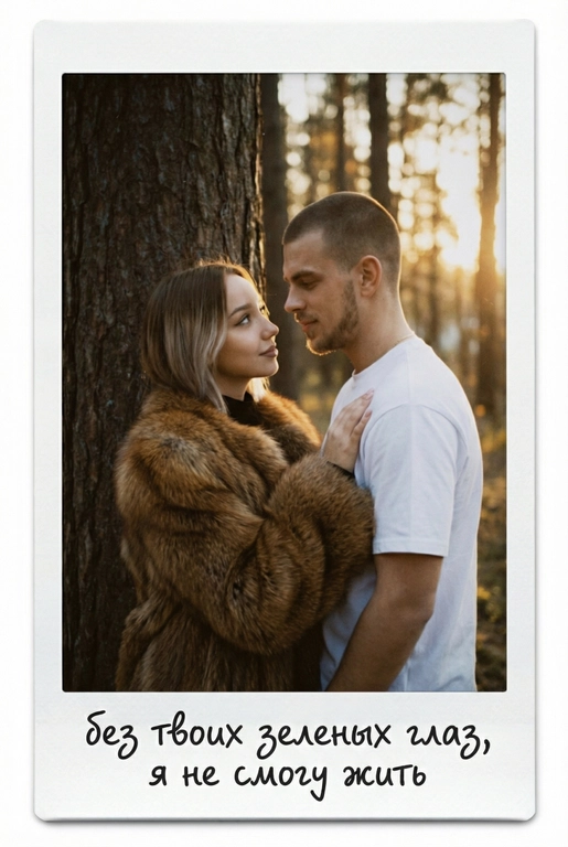 Портрет пары в мягком золотом вечернем свете, они влюбленно смотрят друг на друга у дерева, спокойный, тёплый, естественный. Ее рука у мужчины на плече. Фото оформлено в виде полароидного снимка: белые широкие поля, характерная матовая текстура, лёгкая виньетка, зернистость. На нижнем поле — короткая надпись маркером рукописным шрифтом. Текст на полароиде: без твоих зеленых глаз, я не смогу жить 
