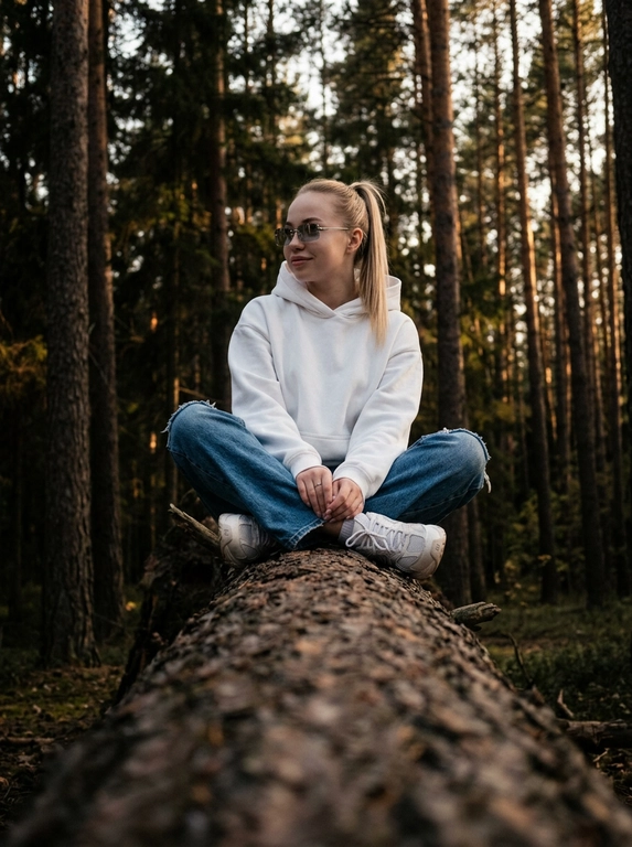 Объектив 35mm, f/1.8, камера расположена очень низко прямо вдоль массивного поваленного дерева, создавая сильную перспективу переднего плана — текстура коры крупно размывается к камере и уводит взгляд к модели. Модель сидит на бревне по-турецки, ноги скрещены перед собой, локти расслабленно опираются на колени, кисти свободно свисают между ног. Корпус слегка подан вперёд, плечи расслаблены, голова повёрнута в сторону, на лице мягкая улыбка без зубов, взгляд направлен вдаль мимо камеры, создавая спокойную уютную атмосферу caught candid moment. На ней белое oversize худи из плотного премиального хлопка с объёмным капюшоном и длинными рукавами, синие свободные джинсы с потёртостями и слегка выцветшей текстурой денима, на ногах белые кроссовки в стиле New Balance с массивной подошвой. На глазах узкие прямоугольные солнцезащитные очки Miu Miu без оправы с серыми зеркальными стёклами. Высокие хвойные деревья вокруг, cinematic forest atmosphere, тёплый вечерний свет проходит сквозь ветви, глубокие тени и мягкие золотисто-коричневые оттенки, moody underexposed fashion photography, intentionally lowered exposure, rich shadows, subtle warm highlights, лёгкая плёночная зернистость, RAW photo, реалистичная текстура кожи, объёмное боке, luxury Pinterest editorial aesthetic.

Какая будет прическа?: Волосы собраны в высокий хвост