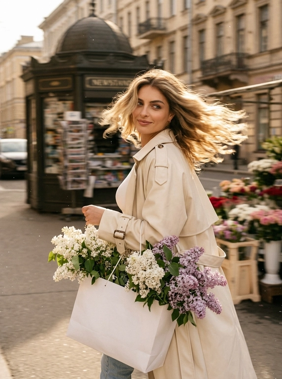 Создай фото, не меняя черты лица и цвет волос. Фотореалистичный уличный кадр, высокая детализация. Фон — старый киоск с газетами, здания, цветочные киоски. Кинематографический эффект с добавлением плёночного зерна, фото на камеру Kodak. Освещение — карамельные оттенки, тёплые солнечные лучи; лёгкая пыльца отражается в лучах света. Весенний день. Модель повернута чуть спиной к камере, с лёгким поворотом головы в сторону камеры, без искажений её черт лица; взгляд на букет кокетливый. На руке у неё висит белый бумажный пакет; из пакета выглядывают пышные соцветия белой и сиреневой сирени — их много, очень объёмные шапочки. Одежда — элегантное оверсайз-пальто кремового цвета со спущенным плечом и лацканами на плечах и рукавах, светло-голубые джинсы и белая облегающая майка. Ракурс — уровень улицы, чуть заниженный угол, чтобы подчеркнуть масштаб фотографии. Фото в движении: намеренное смазывание волос для ощущения динамики. Эффект движения максимальный — сверхдлинная выдержка, экстремальный motion blur, сильное смазывание. Макияж — длинные ресницы, нюдовые губы, контуринг, чёрные стрелки. Общий тон кадра — романтичная, задумчивая и элегантная атмосфера, лёгкая полуулыбка на лице; фотореализм, высокое разрешение.