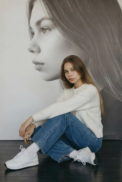   Максимально сохранить внешность, причёску и длину, как на фото.
Женщина должна сидеть на полу в изящной позе, в современном белом джемпере , в широких джинсах и белых носках и белых  кроссовках New Balance.

Её волосы как на фото
Выражение лица, как на фото, она смотрит на камеру .

Фон — тот же её профиль, в мягком крупном чёрно-белом художественном стиле, крупный план сбоку.

Композиция должна быть художественной, мягкой, реалистичной.
Создай изображение, которое выглядит как настоящая фотография.
