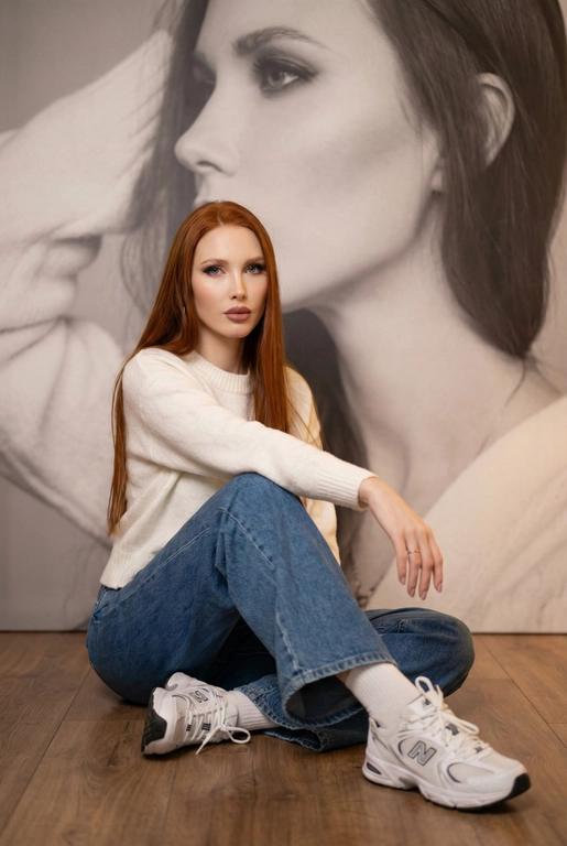   Максимально сохранить внешность, причёску и длину, как на фото.
Женщина должна сидеть на полу в изящной позе, в современном белом джемпере , в широких джинсах и белых носках и белых  кроссовках New Balance.

Её волосы как на фото
Выражение лица, как на фото, она смотрит на камеру .

Фон — тот же её профиль, в мягком крупном чёрно-белом художественном стиле, крупный план сбоку.

Композиция должна быть художественной, мягкой, реалистичной.
Создай изображение, которое выглядит как настоящая фотография.
