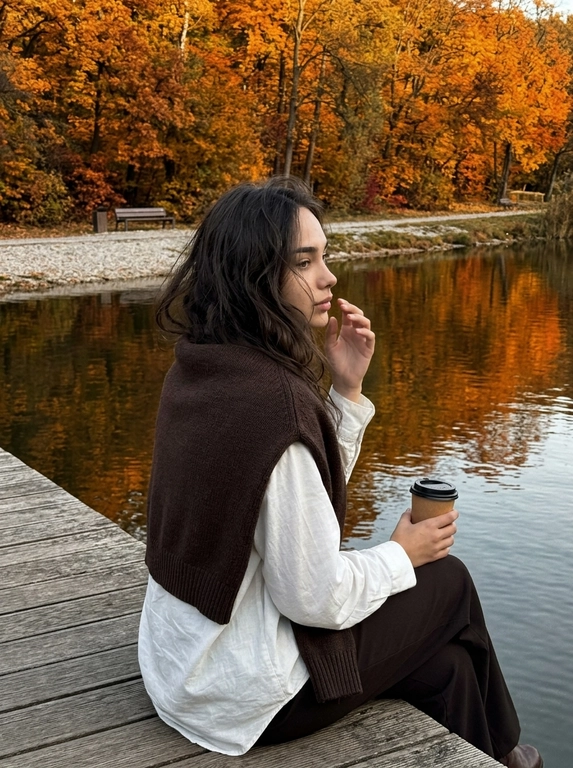 Ultra-realistic natural shot on iPhone 17 Pro Max by the autumn lake. An ordinary live photo from a walk, without staging. tstaging. The camera is at shoulder height, shot slightly from the back and side, a natural smartphone perspective.

The girl is sitting on a wooden pier by the water, the hull is turned in profile, the face is partially visible from the side. She holds a cup of coffee with a lid in one hand, and raises her other hand near her face in a natural gesture, as if she is thinking or straightening a lock of hair. Relaxed posture, feeling of a quiet autumn moment.

She is wearing a loose-fitting white shirt, with a dark brown knitted sweater casually draped over it, which rests on her shoulders. Dark skirt or trousers with natural pleats. A cozy minimalistic autumn look.

Very thick hair is loose, voluminous, with a natural texture and soft waves. The hair lies on the back and shoulders, individual strands are slightly knocked out by the wind. To preserve the natural look of hair without perfect styling.

Autumn park by the lake: wooden pier, calm water with a clear reflection of trees, a path along the shore, tall trees with real autumn foliage in brown, copper, orange and golden shades. All background details remain readable, without much blurring.

The light is deep and natural: soft autumn daylight passes through the trees, creating a combination of light and dense shadows. The face, hair, and clothes have natural local highlights, and deep shadows remain under the trees. Rich, slightly muted autumn color rendering, realistic contrast without overexposure.

The most realistic photo on the iPhone 17 Pro Max: genuine leather, real texture of hair, fabric and wood, real reflections in water, light digital grain, small imperfections of the camera. No artificial bokeh, no blurred background, no HDR, no CGI, no filters.