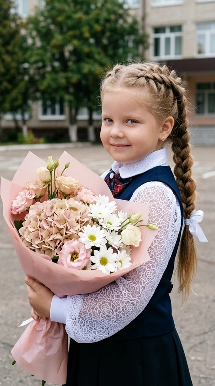 Не меняй внешность с фото ребенок стоит на улице в профиль, повернув голову через плечо к камере и глядя прямо в объектив с милой улыбкой. Обеими руками она прижимает к груди большой букет цветов. Снимок сделан от талии и выше, под углом на уровне глаз, в центре композиции. Основное внимание уделяется лицу. В руках большой, пышный букет, завернутый в нежно розовую оберточную бумагу. В букете нежные гортензии, эустомы и ромашковые хризантемы (розовых, бежевых и белых оттенков). На заднем плане видна школа. Дневной свет, зернистость формат. Высокая детализация, живой кадр, 8К.   

Пол ребенка?: На девочке нарядная белая блузка с кружевными деталями и объемными рукавами, темная пышная юбка; волосы красиво собраны в две длинные и объемные вывернутые французские косы с белыми лентами на концах. В ушах маленькие серьги-гвоздики. 

Причёска у девочки: Волосы красиво собраны в две длинные и объемные вывернутые французские косы с белыми лентами на концах.
