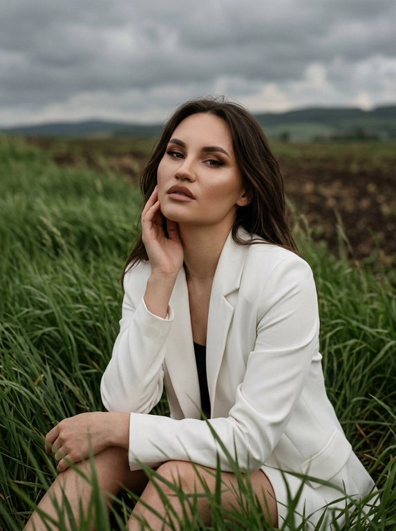 Фотосессия женщины в стиле модной съемки на открытом воздухе. Она позирует на поле с высокой зеленой травой. Цветовая гамма землистая и насыщенная, с оттенками зеленого и коричневого. Женщина одета в белый пиджак из гладкой костюмной ткани. Сидит в траве, Макияж естественный, в коричневых оттенках. Кожа сияет.  Fashion editorial, vogue style, old money, cinematic lighting, 8K, ultra-realistic. Средний план: она слегка подняла взгляд. Глаза всё равно направлены в камеру, лёгкая игра света и тени на лице. Пасмурная погода.