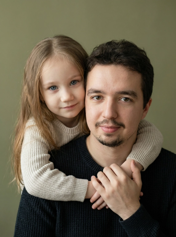 Создай портретный студийный кадр из фотосессии отца и его дочери для этих людей из присланных фото. Дочь нежно обнимает папу сзади, руки мягко сомкнуты на его груди, щекой слегка касается его головы. Оба смотрят прямо в камеру. Спокойные, тёплые, естественные эмоции, лёгкая улыбка.

Приглушенно-зеленый, почти хаки, минималистичный фон. Мягкий естественный рассеянный свет из окна, деликатные тени, акцент на лицах. Натуральная цветокоррекция, светлая чистая палитра, реалистичная текстура кожи без излишней ретуши.

Одежда — базовая и нейтральная: у отца тёмный трикотажный свитер, у дочери светлый вязаный свитер. Без принтов и логотипов.

Кадр — крупный или средний план, плотная композиция, ощущение близости и доверия. Профессиональная съёмка, 85mm lens, shallow depth of field, soft natural light, ultra realistic, high detail, family portrait photography.

