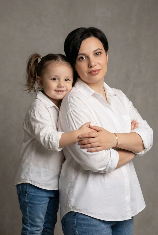 Используй эти два фото мамы и дочери и создай для них студийный портрет в чистом и элегантном стиле. Они стоят рядом, очень близко друг к другу. Дочь мягко обнимает маму за руку и слегка к ней прижимается со спины. Мама сложила руки перед грудью. Образ минималистичный, современный и стильный. На руке у матери тонкий золотой браслет. Профессиональный макияж и прическа.  Не менять черты лица ни на 1 процент. Фон — нейтральный серый с мягкой текстурой. Освещение рассеянное, мягкое, подчёркивающее естественные тона кожи. Атмосфера тёплая, нежная и спокойная, в стиле журнальной съёмки. Обе в свободных стильных белых рубашках с подвернутыми рукавами и джинсах.