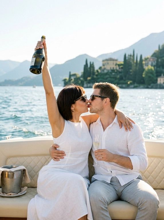 Реалистичная летняя lifestyle-фотография пары, отдыхающей на катере на фоне горного озера. Кадр поясной, пара по центру, точка съёмки на уровне их груди, лёгкий наклон камеры. Поза радостная и романтичная: пара сидит вплотную друг к другу на мягком кремовом стёганом сиденье катера, корпуса развёрнуты друг к другу. Они слились в нежном поцелуе — губы сомкнуты, глаза прикрыты, выражения счастливые и беззаботные, candid-момент. Женщина левой рукой триумфально подняла вверх высоко над головой бутылку шампанского, торжественный жест празднования; правая рука обвивает плечо мужчины. Мужчина одной рукой обнимает женщину за талию, в другой руке держит у груди бокал-флейту с игристым. На обоих стильные тёмные солнцезащитные очки. Женщина одета в белое летнее мини-платье из лёгкого хлопка на тонких бретелях с корсетным верхом, мягкой драпировкой на груди и пышной расклешённой юбкой. Мужчина в белой льняной рубашке свободного кроя с длинными рукавами и светло-серых брюках. Украшения женщины: маленькие золотые серьги. Макияж естественный летний: ровный сияющий тон, лёгкий персиковый румянец, мягкие тёплые тени, тушь, мягко прорисованные брови, нюдово-розовая помада с лёгким блеском. На сиденье катера слева стоит белое ведёрко для льда с белой салфеткой. Фон: широкая панорама итальянского горного озера в стиле озера Комо — мерцающая голубая водная гладь с солнечными бликами, на дальнем плане поросшие зеленью горные склоны с виллами и кипарисами, ясное светлое небо. Свет: тёплое мягкое солнце золотого часа сзади-сбоку, создаёт выраженный контровой свет, золотистые блики на воде, волосах, коже и тканях, мягкое летнее свечение. Атмосфера праздничная, романтичная, гламурная, благородная, отпускная. Стиль: реалистичная lifestyle-фотография в эстетике соцсетей, чистые тёплые натуральные цвета, лёгкая плёночная фактура, малая глубина резкости, резкий фокус на лицах. Снято на 35mm f/2.2.

Доп. характеристики: У девушки не менять прическу