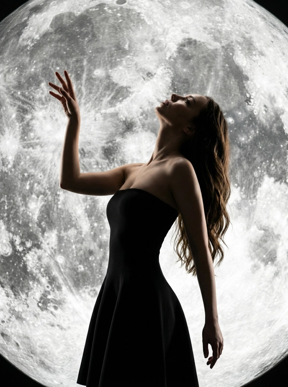 Фотореалистичный fashion portrait, вертикальный кадр 9:16, dramatic moon editorial. На фоне огромная полная луна, занимающая почти весь кадр по высоте и около 75% ширины, с гипердетализированной поверхностью, мягкими тональными переходами от светло-серого к почти белому и приглушённо-бежевому, с тонкой тёмной каймой по краю для контраста. На переднем плане женская фигура, слегка смещённая вправо, снята в полный рост или почти в полный рост, пропорции лица и тела сохранены точно. Девушка стоит перед луной, голова запрокинута назад примерно на 45 градусов, шея вытянута, выражение лица спокойное и отстранённое. На женщине короткое чёрное облегающее платье-бандо, приталенное, с лёгким расширением по линии бёдер, силуэт чистый и очень графичный. Левая рука согнута в локте, кисть поднята, пальцы слегка разведены, правая рука свободно опущена вдоль тела.
Свет идёт сзади, создаёт выраженный контровой эффект, глубокие тени и почти силуэтную подачу на фоне яркой текстурной луны. Ракурс на уровне глаз, глубина резкости небольшая, основной акцент на фигуре и поверхности луны.
Палитра почти монохромная: чёрный, графитовый, серебристо-серый, почти белый, с очень чистой high-fashion
подачей. Съёмка в эстетике luxury editorial, ultra high detail, rich
contrast, дорогая камерная пластика и очень сильный визуальный образ.
