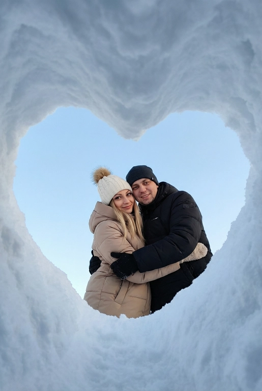 Фотография этой пары, снятая снизу вверх через отверстие в снегу в форме сердца. Камера находится в снежной нише, края кадра — плотный белый снег, образующий чёткое сердце. В центре кадра двое человек из референса, обнимающие друг к друга, смотрят прямо в камеру. Люди одеты по-зимнему.   Их одежда стильная и современная. Они улыбаются, лица хорошо видно. 
Фон — чистое светло-голубое зимнее небо без облаков. Естественный дневной свет, мягкие холодные оттенки, высокая детализация снега и ткани одежды. Атмосфера — уют, любовь, спонтанный зимний момент. Реалистичная фотография, без искажений лиц, фокус на людях, эффект живого кадра, как с экшн-камеры или смартфона, вертикальный формат. Женщина одета в бежовый пуховик и белую шапку с помпоном, мужчина в черном пуховик и темную шапку.