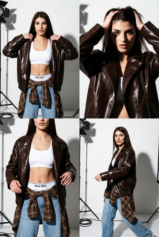 Коллаж из четырех фотографий женщины с загруженной фотографии лицо не изменять 100% сходство в стиле high-fashion и streetwear. Она позирует в студии с жестким направленным светом. На ней надет белый спортивный топ-бра и трусы-боксеры с логотипом на резинке (стиль Miu Miu), светлые голубые джинсы свободного кроя и объемная темно-коричневая кожаная куртка из глянцевой кожи. На талии повязана коричневая клетчатая рубашка в стиле гранж. 
Детализация для нейросети 
• Внешность и поза: Модель с выразительными чертами лица. Позы динамичные: взгляд в камеру, легкий наклон корпуса, руки в движении. 
• Одежда и текстуры: 
• Куртка: Оверсайз, темно-шоколадного цвета, с интенсивным виниловым или лакированным блеском. 
• Белье: Белый хлопковый трикотаж с минималистичным черным текстом по центру резинки. 
• Низ: Светло-голубой деним, классическая клетка «тартан» на рубашке (бежевый, коричневый, белый цвета). 
• Освещение и фон: Профессиональный студийный свет, создающий глубокие контрастные тени на белом фоне. Видны элементы студийного оборудования (стойка софтбокса) по краям кадра, что добавляет эстетику «backstage» или журнальной съемки. 
• Стиль съемки: Эстетика модных журналов 2000-х (Y2K) в современной интерпретации. Высокое разрешение, четкие текстуры кожи и ткани, эффект вспышки «в лоб».
3:4