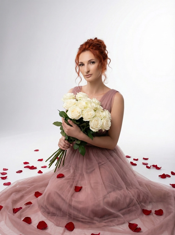   Фотосессия женщины  в студии, Внешность сохрани 1:1 как на реферансном фото ,фон градиент от белого к светло-серому, женщина в пыльно розовом длинном пышном платье ,, профессиональный нюдовыц макияж, волосы собраны в небрежный пучок с локонами на лице цвет волос рыжий, рядом на полу разбросаны красные розы, минимализм, стиль в духе Pinterest, профессиональная студийная съёмка, яркий студийный свет, модный журнал, очень реалистично. женщина сидит на полу,в руках держит букет белых роз, смотрит прямо в камеру, средний план
