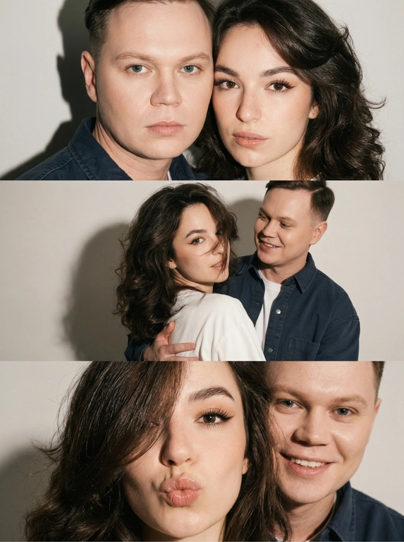 Вертикальный триптих-коллаж из трёх кадров в эстетике глянцевых журналов 2000-х и Y2K. В кадре мужчина и женщина позируют на нейтральном светлом фоне. Жёсткая фронтальная вспышка создаёт резкие тени на стене позади и лёгкий пересвет кожи, характерный для цифровых камер начала 2000-х.
У женщины объёмная укладка, волосы уложены на брашинг. Макияж — «лисичий» взгляд, длинные выразительные ресницы, подчеркнутые внешние уголки глаз, глянцевые губы. Атмосфера — гламурная, слегка дерзкая, как в поп-культуре начала 2000-х.
Кадры коллажа:
Верхний кадр — крупный план. Мужчина и женщина стоят очень близко к камере, почти заполняют весь кадр. Они смотрят прямо в объектив с серьёзным, уверенным выражением лица. Резкая вспышка создаёт плотные тени за их фигурами на стене.
Средний кадр — средний план. Женщина развёрнута корпусом в сторону, голова кокетливо повернута к камере. Прядь волос частично закрывает часть лица. Мужчина стоит позади и обнимает её за талию, смотрит на девушку.
Нижний кадр — очень крупный план. Лицо женщины почти вплотную к камере. Волосы уложены на бок и закрывают левый глаз. Она делает губы «бантиком» и смотрит прямо в объектив. Рядом мужчина, он улыбается.
Минималистичная композиция, крупные и средние планы. Винтажная цифровая текстура, лёгкая мягкая размытость, характерная для камер начала 2000-х, глянцевая Y2K атмосфера.