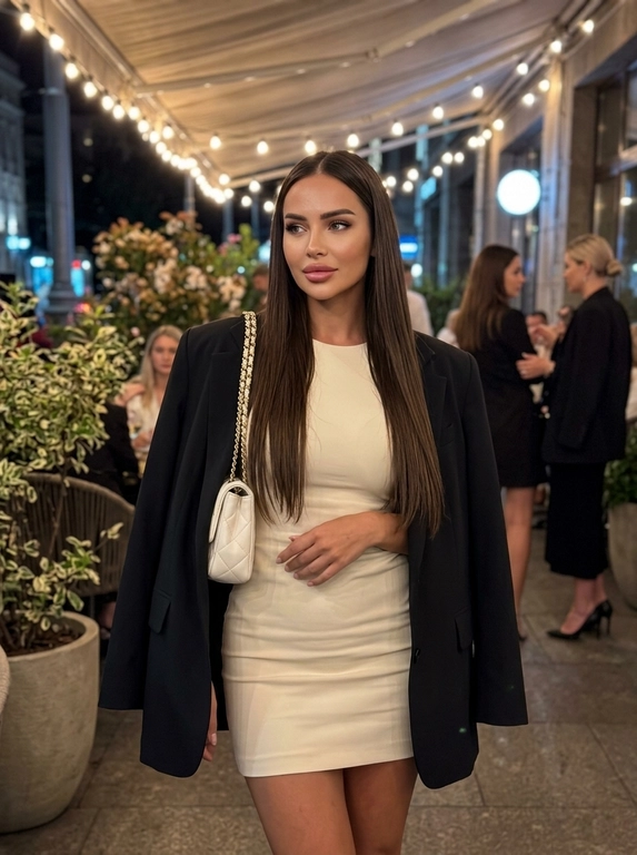 Фотореалистичное фото, снятое на iPhone, в эстетике elegant night outfit, feminine luxury vibe, Pinterest style. Кадр по бёдра или чуть ниже, модель находится на фоне стильного вечернего кафе или летней террасы. Фото выглядит естественно, как живой городской кадр без студийной постановки.

Модель с вечерним glam-макияжем: кожа с натуральной текстурой, длинные ресницы, подчёркнутые глаза, мягкий контуринг и розовые глянцевые губы. Выражение лица спокойное, мягкое, отстранённое и уверенное.

На модели через плечо белая стёганая сумка на цепочке. Образ элегантный, дорогой, вечерний и женственный.

Модель стоит в расслабленной fashion-позе: корпус слегка изогнут, одна рука заведена назад или лежит у талии, другая естественно держит сумку на плече. Голова немного наклонена в сторону, взгляд мягкий и уверенный. Поза плавная, женственная, с акцентом на талию, разрез юбки, сумку и силуэт.

На заднем плане вечерняя летняя терраса или вход в красивое кафе: мягкий тёплый свет лампочек сверху, цветы в кашпо, светлый декор, стеклянные панели, уютная ночная городская атмосфера. Фон слегка размыт, но читается как стильное модное заведение.

Освещение мягкое ночное, смешанное: тёплые лампы сверху и лёгкая холодноватая подсветка заведения на фоне. Свет не выглядит как студийный свет.

Цветокор cinematic: глубокие мягкие тени, сочетание голубовато-белых и тёпло-золотистых оттенков, лёгкий контраст, натуральные цвета, без чрезмерного HDR и без глянцевой рекламной обработки. Естественная текстура кожи, soft shadows, real life shot, iPhone photo, casual luxury lifestyle, no studio lighting, no CGI, no plastic skin, no over-retouching.

Какая будет одежда?: На модели короткое лаконичное платье молочного или пудрового оттенка и свободный oversized-жакет поверх. Жакет мягко спадает с плеч, создавая расслабленный fashion-силуэт. Образ современный, вечерний, стильный и немного дерзкий.

Какая будет прическа?: Не менять мою прическу