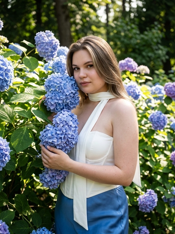 Фотография в стиле портретной съёмки. Женщина находится в саду, окруженная кустами гортензий с голубыми цветами. Съемка ведется крупным планом, лицо немного повернуто в сторону камеры. Атмосфера нежная и естественная. Цветовая гамма приглушенная, с преобладанием зеленых и голубых оттенков. Она держит в руках несколько цветущих веток гортензии, прижимая их к себе. Её поза расслаблена и непринужденна. Она смотрит в камеру поверх плеча.

Какая будет одежда?: Структурированный белый топ в стиле корсета, изготовленный из гладкой матовой ткани со скульптурным приталенным силуэтом, который резко определяет талию и бюст. Корсет имеет прямой вырез без бретелек с вертикальными швами, которые контурируют туловище. К вырезу прикреплен длинный шарф. холтер из той же ткани, который обхватывает шею, как мягкий чокер, и простирается вниз в две длинные струящиеся панели, которые падают вдоль груди. Низ - нежно-голубая атласная юбка