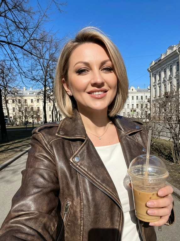 Не меняй черты лица женщины с фото. На этом ярком солнечном снимке запечатлена женщина в эстетике весенней прогулки. Фотография выполнена в формате селфи на фоне ясного голубого неба и деревьев. У неё аккуратный макияж с акцентом на сияющие губы (блеск), чётко оформленные брови, нарощенные ресницы в «лисьем» эффекте, лёгкий контуринг на скулах. На ней стильная кожаная косуха шоколадного цвета с эффектом состаренности. Под курткой виден лонгслив из вискозы с открытыми плечами и напуском молочного цвета. В ушах видны серьги-гвоздики и тонкая цепочка на шее с маленьким бриллиантом. Яркий прямой солнечный свет создаёт чёткие контрасты и подчёркивает текстуру одежды и блеск аксессуаров. Фон: чистое ярко-голубое небо без единого облака, ветви деревьев без листвы, асфальтовый тротуар, вдали красивые архитектурные здания, женщина прогуливается по улице города. Общее впечатление — позитивное прогулочное настроение. Ракурс: на вытянутой руке, снизу вверх.

Кофе в руке:  В руке пластиковый стакан кофе с трубочкой.