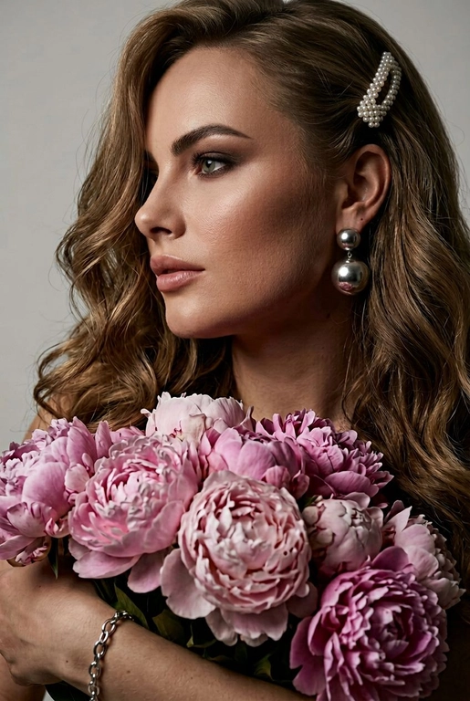 Создайте ультрареалистичный портрет, не меняя черты лица, крупным планом 3/4, с мягкой, освещённой кожей, атласной отделкой и естественным блеском, где женщина изображена в профиле. Спокойное и чувственное выражение лица, губы слегка полуоткрыты. Она носит серебряные серьги-шары и простой серебряный браслет на запястье.
Фон нейтральный, в светло-сером тоне, с тёмным, целенаправленным низким угловым освещением, которое подчёркивает контур лица, текстуру кожи и объём волос. Стиль редактирования — высокая мода, чёткий фокус 8K, реалистичная текстура, изысканная и элегантная атмосфера.


Длинные волнистые волосы покрывают часть лица объёмными локонами, выпадающими на лицо и плечо. 

Цветы: Держит в руках огромный букет розовых пионов