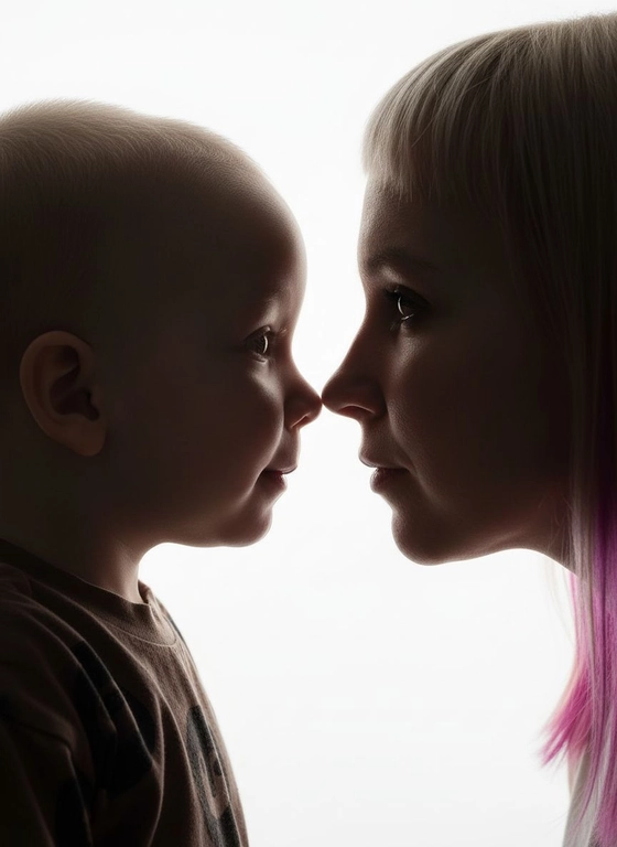 @naastya_astya:Фотореалистичный экстремальный крупный план лиц матери и новорождённого малыша, ракурс строго как на изображении: боковой профиль, малыш расположен слева и ниже, мама справа и выше, лица наклонены навстречу друг другу, носы очень близко, но не приплюснуты, без давления и деформации, расстояние и угол наклона сохранены точно. В кадре присутствуют только лица, без тела, рук, плеч и посторонних элементов, плотная минималистичная кадрировка. Лица матери и малыша должны быть переданы строго такими, какими загружаются пользователем, без изменения формы носа, губ, глаз, без «старения», без усиления морщин и без искажения анатомии. Освещение полностью повторяет исходную светотеневую схему: фон абсолютно чистый белый с яркой подсветкой, при этом лица сильно затемнены, глубокие мягкие тени, низкий уровень освещённости на коже, выраженный контровой свет формирует тёмные силуэты лиц на светлом фоне, без выравнивания света и без осветления лиц. Свет мягкий, рассеянный, направленный сзади и сбоку, подчёркивает контуры профилей, создаёт ощущение глубины и интимности. Кожа выглядит тёмной по тону, но с сохранённой натуральной текстурой. Обязательная профессиональная аккуратная ретушь: выравнивание тона, удаление пятен и неровностей без усиления морщин, без пластики и без эффекта «старого лица», кожа малыша максимально натуральная. Макияж на лице матери отсутствует или предельно естественный. Композиция эмоциональная, тихая, интимная, всё внимание сосредоточено на соприкосновении профилей и связи матери и ребёнка. Стиль съёмки: фотореалистичная fine art портретная съёмка экстремального крупного плана, strong backlight silhouette lighting, intimate emotional portrait, professional clean beauty retouch with full realism. Негативный промпт: осветление лиц, искажение черт, приплюснутые носы, усиленные морщины, эффект старения, добавление тела или рук, пластиковая кожа, агрессивная ретушь, потеря текстуры, CGI, мультяшность, цветной фон, жёсткие тени, шум, артефакты, низкое разрешение.  ⠀