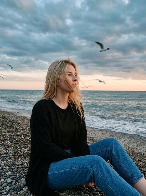 Сохранить внешность 1:1 - лицо, черты, пропорции, возраст, текстуру кожи; фото - единственный эталон. формат 3:4. Атмосферная морская сцена на закате: драматичное облачное небо, холодные голубо-серые оттенки с мягким персиковым у горизонта. Модель сидит боком на гальке у линии прибоя, корпус развернут к морю, взгляд в сторону моря. Ветер растрёпывает волосы, лицо частично перекрыто прядями (волосы развиваются ТОЛЬКО ЕСЛИ они длинные, прическа сохраняется с фото 1:1). в небе летают чайки, часть с лёгким motion blur. Одежда: чёрная базовая футболка, чёрный вязаный кардиган свободной посадки, свободные синие джинсы прямого кроя. Съёмка на винтажную плёночную камеру Kodak, объектив 35mm. Цвет в стиле Kodak Portra 400: матовые тени, мягкий контраст, натуральная цветопередача, лёгкая десатурация, выраженное плёночное зерно. Editorial-композиция, высокий фотореализм, 4K.