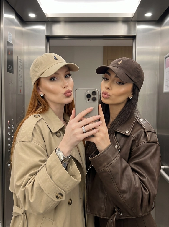 Не меняя черты лица людей с добавленного фото. Ультра-реалистичное фото в зеркало на смартфон iPhone 16 Pro Max, цвета титан, двух женщин, позирующих близко друг к другу в современном лифте. Две женщины, стоящие плечом к плечу, лица очень близко к камере, обе делают игривые выражения губами в виде поцелуя. Женщина слева: бежевого цвета бейсболка Ralph Lauren с маленьким вышитым логотипом поло, oversized бежевый тренч-жакет с большими пуговицами и широкими рукавами, серёжки-гвоздики с бриллиантами, на запястье серебряные часы с большим циферблатом, на пальце кольцо из страз в виде дорожки, макияж: хайлайтер, ресницы лисий эффект. Женщина справа: тёмно-коричневая бейсболка Ralph Lauren с вышитым логотипом, oversized шоколадно-коричневая укороченная кожаная куртка с серебряной фурнитурой и погонами на плечах, серёжки-гвоздики с бриллиантами, мягкий глэм-макияж с выраженными скулами, подводкой для глаз и глянцевыми губами. Поза и композиция: обе женщины слегка наклоняют головы друг к другу.Окружение: современный просторный лифт. Освещение: мягкое внутреннее освещение, равномерно освещающее лица.Фото в зеркало на iPhone 16 Pro Max в стиле высокой реалистичности.