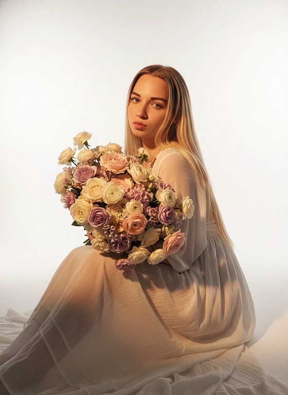 кинематографический близкий портрет девушки . 
Девушка сидит на белой циклораме в золотой час 
В руках огромный будет стильных нежных цветов плотно друг к другу 
Она одета в полупрозрачное белое платье 
Весь снимок выглядит реалистично, со студийным освещением, глубокими тенями и текстурами, подчеркнутыми в одежде.”
Волосы блестящие. Лицо должно на 100% совпадать с загруженным фото. 