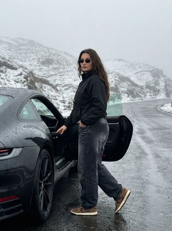 Не менять черты лица человека с исходного фото. Человек рядом с стоит рядом с машиной, машина на горной дороге, дорога мокрая от тумана, машина в каплях от тумана. Чёрный анорак Planta Rosa, маленькие чёрные солнцезащитные очки без оправы, мешковатые серо-чёрные джинсы с низкой посадкой, длинные, коричневые замшевые кроссовки Nike Dunk, руки в карманах. Машина без номеров. Фон — гиперреалистичные заснеженные холмы Мегхалайи, без зелени, туманные горы, пасмурный мягкий дневной свет, без размытия, без изменения лица или позы, без дополнительных объектов. Фото снято на iPhone 17 Pro, без фильтров на лице, без ретуши, перспектива снизу, формат 9:16, машина как на исходном фото, фон не размывать, притемнённая экспозиция, открывает дверь машины, стоит спиной, смотрит в камеру, будто сейчас сядет за руль.


Какая будет машина?: Porsche 911 самой последней модели, цвет — чёрный.