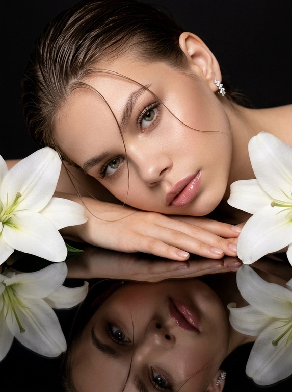 Фотореалистичный студийный beauty-портрет в эстетике дорогой рекламной кампании люксового косметического бренда. Минималистичная студия с глубоким матовым чёрным фоном. Перед моделью идеально гладкий чёрный зеркальный стол с чистым отражением лица, рук и цветов.

Женщина спокойно лежит на животе, корпус расположен немного по диагонали. Плечи расслаблены. Лицо находится почти вплотную к поверхности стола. Голова слегка наклонена вправо и мягко опирается щекой на сложенные кисти рук. Правая кисть лежит под щекой, левая свободно расположена сверху. Руки направлены по диагонали вдоль нижней части лица, пальцы расслабленные и естественно вытянутые. Лицо практически параллельно поверхности стола. Взгляд направлен прямо в объектив. Выражение спокойное, уверенное и слегка отстранённое. Губы мягко расслаблены.

В одном ухе небольшая изящная серьга с прозрачными бриллиантами. На модели минималистичный топ телесного оттенка с тонкими бретелями, почти полностью скрытый кадрированием.

Макияж выполнен в стиле luxury beauty campaign. Идеально ровный естественный тон кожи с деликатным сатиновым финишем. Лёгкий контуринг мягко подчёркивает скулы и овал лица. Нежные бежево-тауповые тени с плавной растушёвкой создают выразительную глубину взгляда. Верхнее межресничное пространство аккуратно затемнено, тонкая мягкая стрелка практически незаметна. Длинные, густые, идеально разделённые ресницы с объёмной премиальной тушью. Брови натуральные, аккуратно уложенные, с мягкой архитектурой и естественной густотой. На внутренних уголках глаз едва заметное сияние. Скулы подчёркнуты деликатным сатиновым хайлайтером без крупных блёсток. Губы объёмные, идеально очерченные пыльно-розовым карандашом, покрыты полупрозрачной розово-бежевой помадой с дорогим увлажняющим глянцевым финишем.

По обе стороны лица расположены две крупные полностью раскрытые белые лилии. Цветы находятся очень близко к объективу, частично выходят за границы кадра и создают симметричное обрамление лица. Их отражение полностью повторяется на зеркальной поверхности стола.

Большой мягкий источник света расположен спереди и немного слева от камеры. Освещение дорогое, объёмное и контролируемое, как в премиальной рекламе Dior Beauty, Estée Lauder или Tom Ford Beauty. Свет равномерно освещает лицо, создавая деликатные блики на скулах, переносице, губах и зеркальной поверхности, сохраняя глубокие чистые чёрные тени по краям кадра.

Камера расположена очень близко, примерно в 30-40 см от лица, немного выше поверхности стола и направлена вниз примерно под углом 15-20°. Очень плотный портрет beauty crop. Лицо занимает почти всю ширину кадра. Верх головы и часть предплечий слегка выходят за границы изображения. Отражение лица почти полностью заполняет нижнюю половину кадра. Ракурс максимально близкий, слегка заниженный, без ощущения съёмки сверху.

Снято на полнокадровую камеру, объектив 105 mm, f/2.8. Идеально резкий фокус на глазах, губах и отражении лица. Ближайшие лепестки цветов слегка смягчены глубиной резкости. High-end beauty campaign, luxury skincare advertising, premium cosmetics editorial, дорогая журнальная рекламная съёмка, максимальный фотореализм, естественная текстура кожи, натуральный объём лица, мягкое плёночное зерно, без пластиковой ретуши, без AI-глянца, без текста и водяных знаков.

Какая будет прическа?: Волосы гладко зачёсаны назад с лёгким влажным эффектом. Несколько тонких влажных прядей естественно проходят по лбу и щеке, не закрывая глаза.
