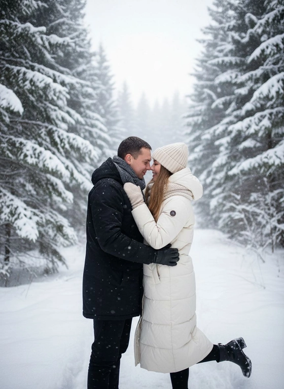 Запрос:
Зимняя фотосессия пары в заснеженном еловом лесу. Мягкий дневной свет, лёгкий снегопад, холодная зимняя дымка. Она — в длинном белом пуховике, кремовой вязаной шапке, светлых варежках, тёплом шарфе. Он — в черной парке, сером шерстяном шарфе, кожаных перчатках. Атмосфера спокойная, романтичная, натуральный зимний пейзаж без лишнего декора. Средний план. Она встаёт на носки и держит его за ворот парки, он слегка склоняется к ней. Лица чётко видны. Камера снята чуть снизу, позади — заснеженные деревья.