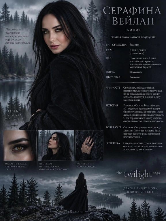 Создай cinematic character poster в стиле официальных фильмов Twilight Saga: мрачная атмосфера, лес Форкса, туман, холодная цветокоррекция, драматичный свет.

Используя моё фото, создай образ персонажа и оформи результат как character dossier с инфографикой в стиле Twilight Saga. Всё на русском языке.

ВАЖНО

Каждая новая генерация должна создавать полностью нового уникального персонажа и новый визуальный образ.

При каждой новой генерации самостоятельно придумывай заново:

тип существа;
имя и фамилию;
характер;
историю;
способности;
клан или стаю;
роль в саге;
эстетику;
одежду;
причёску и укладку;
выражение лица;
позу;
композицию постера;
фон и окружение;
свет;
визуальные детали и аксессуары.

Не повторяй один и тот же визуальный образ между генерациями. Каждый следующий результат должен заметно отличаться от предыдущего одеждой, стилизацией, позой, атмосферой и оформлением постера.

При этом сохраняй исходную внешность человека с загруженного фото: лицо, черты лица, форму лица, нос, губы, брови, пропорции и узнаваемость. Не превращай человека в другого. Меняться должен образ персонажа, а не его личность и базовая внешность.

Нельзя повторять имя, фамилию, подписи, описание личности, историю, способности, клан/стаю, роль в саге, эстетику персонажа и другие текстовые элементы из предыдущих генераций.

Если создаётся несколько постеров одновременно, каждый должен выглядеть как совершенно отдельный персонаж, а не как вариация одного и того же.

Имя и фамилия должны быть оригинальными, не совпадать с именами канонических героев Twilight Saga и не повторяться между персонажами.

На постере текстом и визуально обязательно должны быть:
Тип существа
Имя и фамилия персонажа
Описание личности
История
Способности, если есть
Цвет глаз, если он изменён, и это изменение должно быть видно во внешности
Клан / стая
Роль в саге
Эстетика персонажа
Логика по типу персонажа

1. Вампир

Спокойствие, наблюдательность, эмоциональная глубина, интеллект, внутренняя дистанция и эстетичность.

Если выбран вампир, обязательно укажи:

клан;
дар;
историю обращения;
диету;
цвет глаз по канону: золотые при животной диете, красные при человеческой.

Внешний образ вампира каждый раз должен быть новым: меняй одежду, стилизацию, настроение, позу, окружение и характер освещения.

2. Оборотень

Эмоциональность, энергия, импульсивность, защитный характер, преданность и лидерство.

Если выбран оборотень, обязательно укажи:

стаю;
роль в стае;
историю первого обращения.

У оборотней нет дара.

Для каждого нового оборотня создавай отдельный визуальный образ, соответствующий его характеру и роли в стае.

3. Человек

Реалистичность, человечность, адаптивность, искренность и влияние на сюжет без сверхсил.

Если выбран человек, обязательно укажи:

историю персонажа.

Образ человека также должен быть уникальным в каждой генерации: новая одежда, настроение, окружение, поза и эстетика.

Дополнительные требования
Сохраняй мою внешность как точную основу персонажа.
Не используй один и тот же костюм или одну и ту же композицию повторно.
Не делай все постеры с одинаковой причёской, позой и выражением лица.
Внешний образ должен соответствовать придуманным характеру, истории, клану или стае.
Текст должен выглядеть как часть официального character dossier.
Подписи должны быть логичными, читабельными и уникальными.
Не копируй формулировки между генерациями.
Каждый результат должен ощущаться как совершенно новый персонаж и новый фотосет внутри вселенной Twilight Saga.