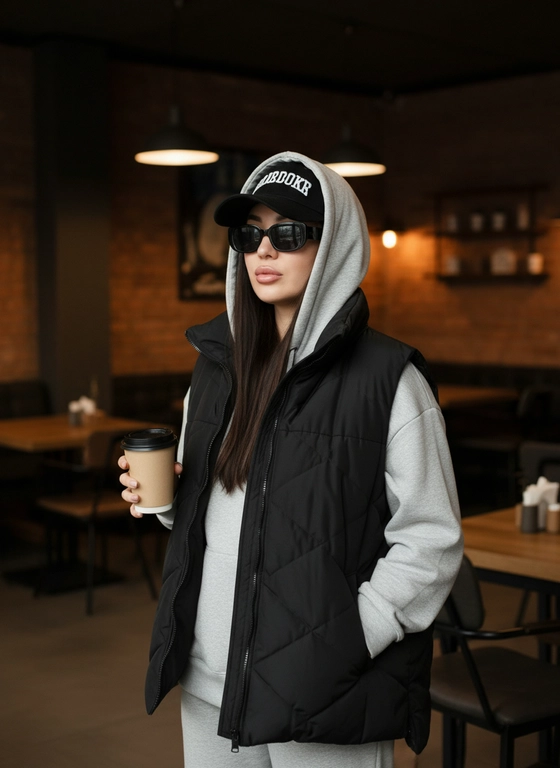 Не меняя внешности женщины с фото, она стоит в непринуждённой позе, слегка повернув корпус влево, в интерьере кафе или бара с приглушённым теплым освещением, стиль лофт , отбрасывающим мягкие тени на задний план. На ней объёмная безрукавка оверсайз черного цвета создающей ощущение тепла и мягкости, поверх светло-серого спортивного костюма из хлопковой ткани с капюшоном, который она накинула на голову. Капюшон облегает её лицо, из-под которого виднеется длинные прямые  волосы, попадающие на плечи. Женщина носит тёмные прямоугольные солнцезащитные очки в чёрной оправе, скрывающие глаза, а на голове у неё чёрная бейсболка с рельефной надписью, надетая под капюшон. Лёгкий макияж подчёркивает пухлые губы с блеском. В правах руке она держит бежевый бумажный стаканчик с чёрной пластиковой крышкой...
