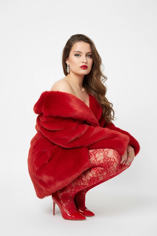 На фотографии изображена молодая женщина, сидящая на корточках на белом фоне. Она одета в красное искусственное меховое пальто с длинными рукавами, которое обнажает одно плечо. На ней красные кружевные колготки и остроносые туфли на шпильке из красного лака.
У женщины длинные волнистые волосы. На ней есть серьги, золотое колье и кольца на пальцах. У нее яркий макияж, включающий темные стрелки, выделяющие глаза, и ярко-красную помаду. 
В целом, образ женщины выглядит модным и уверенным.
