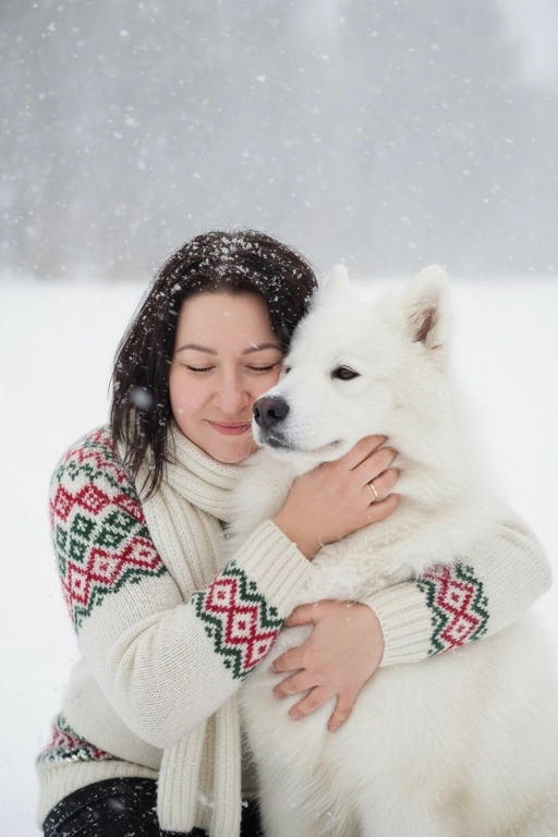 Соответствие лица: сохраняйте точные черты лица, структуру костей, разрез глаз, форму губ, текстуру кожи и оттенок по загруженной фотографии, максимально соответствует индивидуальности] -> Человек с мягкой улыбкой, полузакрытыми от счастья глазами -> нежно обнимает собаку, щека прижата к пушистой шее собаки, обе руки обвиты вокруг груди и шеи собаки, снежинки тают на шерсти и волосах., нежное, любящее выражение лица -> в кремово-белом толстом свитере скандинавской вязки с традиционным красно-зеленым рождественским рисунком на рукавах и воротнике,  в белом вязаном шарфе, свободно повязанном на шее -> на улице в сильный снегопад. В кадре видно морду собаки. Собака породы самоедская лайка