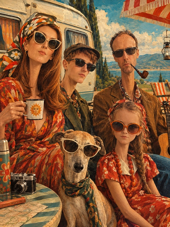 Use this photo. 

Выберите стиль: Surreal mid-century editorial illustration of an eccentric version of the person in the photo and a animal (an animal that matches my vibe) inside a stylish Location, elongated proportions, exaggerated narrow faces, deadpan expressions, oversized accessories, bizarre fashionable atmosphere, painterly brush textures, distorted anatomy, subtle lowbrow surrealism, sophisticated absurdity, vivid retro color palette, expressive oil-painted strokes, fashionablevintage clothing, dramatic