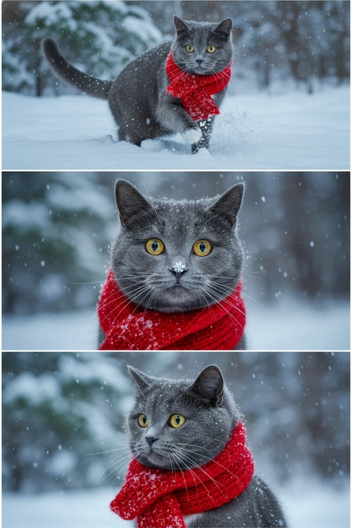     Коллаж из 3-Х фото моего питомца на зимнем фоне в снегу. Питомец в вязаном шарфе, вокруг падает снег, на заднем плане заснеженный лес.

Первый кадр — питомец в полный рост. Он играется со снегом 

Второй кадр — крупный план, увеличенный кадр мордочки питомца с одной снежинкой на носике. Мордочка питомца занимает весь кадр, взгляд прямо в камеру 
 
Третий кадр - портрет питомца, он смотрит в левую сторону. На фото виден шарф, на шарфу есть снежинки 

Три кадра объединены в вертикальный коллаж в едином тоне и свете. Атмосфера — реалистичная, теплая и немного кинематографичная.
Свет мягкий, утренний.  Цвет шарфа - красный 