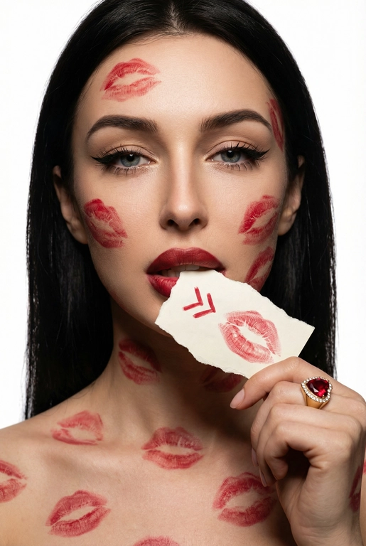   Фотореалистичный портрет крупным планом, кинематографический
вспышка Y2K. Чистый белый фон, драматическое профессиональное верхнее освещение с глубиной и скульптурными тенями. Голова прямо, камера крупным планом на уровне глаз, острый взгляд, томный, томный взгляд. Графичный «лисьий глаз» только во внешних уголках глаз, подчеркнутые ресницы, насыщенная красная помада с более темным контуром.
Она кусает зубами грубо разорванный клочок бумаги, держа его за уголок; на бумаге красной помадой написаны слова
«» и виден отпечаток поцелуя.
Хаотичные следы поцелуев от красной помады на лице, шее, плечах. Золотое кольцо с большим красным сердцем и бриллиантом. Не изменяй черты лица.  Разрешено всё, что способствует моему величию.